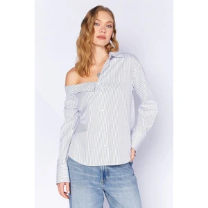 Beyaz Asimetrik Uzun Kollu Çizgili Gömlek | MKS169141-01