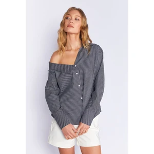 Siyah Asimetrik Uzun Kollu Çizgili Gömlek | MKS169141-01