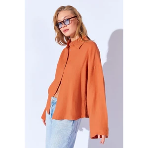 Mocha Kahve Kolları Salaş Yıkamalı Müslin Oversize Rahat Kalıp Kadın Basic Gömlek| MKS166881-01