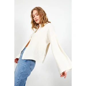 Ekru Kolları Salaş Yıkamalı Müslin Oversize Rahat Kalıp Kadın Basic Gömlek| MKS166881-01-6881