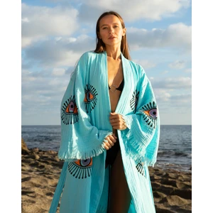 Müslin Kimono  Pamuklu Göz Baskılı Desenli Bornoz Kaftan Sabahlık