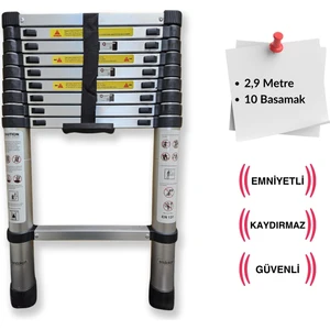 290 cm. - 10 Basamaklı Teleskobik / Teleskopik Alüminyum Merdiven - Uzayan Merdiven