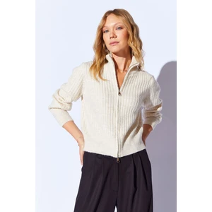 Yumuşak Soft  Dokulu Fermuarlı Kadın Triko Hırka Taş | MKW539427-01