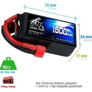 Leopard Power 1500 mAh 7.4V 2S 30C Lityum Polimer Lipo Batarya Pil T Plug