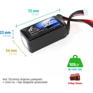 Leopard Power 1300 mAh 11.1V 3S 25C Lityum Polimer Lipo Batarya Pil T Plug