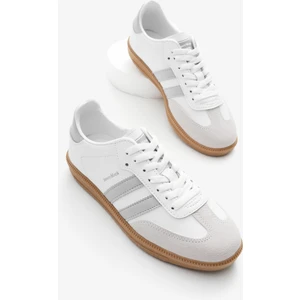 Tonny Black Kadın Beyaz Gri Termo Taban Yanı Şeritli Bağcıklı Spor Ayakkabı