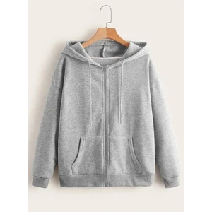 Kapüşonlu Fermuarlı Oversize Mevsimlik Gri Hırka / Sweatshirt