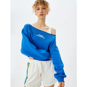 Slogan Baskılı Kayık Yaka Crop Sweatshirt