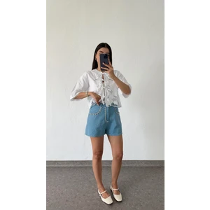 Taşlı Mavi Denim Şort