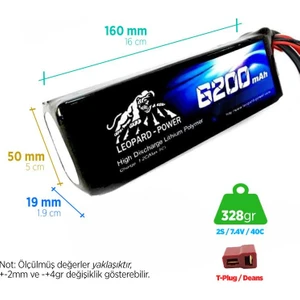 Leopard Power 6200 mAh 7.4V 2S 40C Lityum Polimer Lipo Batarya Pil T Plug