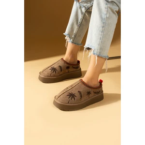 Pembe Potin Kalın Taban Içi Kürklü Palmiye Desenli Kadın Ev Terliği 007-2000-23çıçek