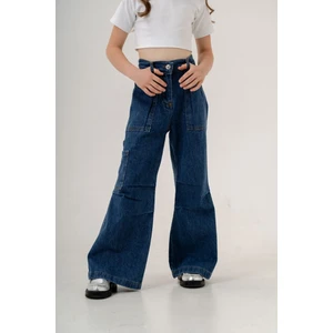 Kız Çocuk Cep Pileli Kot Pantolon G2149