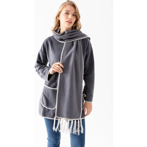 Kadın Füme Atkılı Takım Kenarları Nakışlı Uzun Kol Polar Hırka