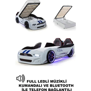 Kapıları Açılan Mustang Full Ledli Kumandalı ve Müzikli Bazalı Arabalı Yatak