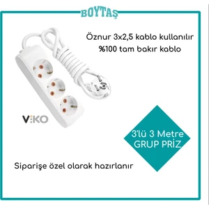 3'lü 3 Metre Grup Priz-Beyaz (Öznur 3*2,5 Kablo Kullanılır) / Fırın ve Isıtma İçin Özel Hazırlanır