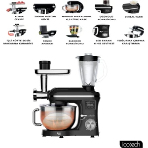 SM50 Siyah LED Ekranlı Hamur Mayalama Kıyma Çekme Blender 2000W 6,5 Litre Stand Mikser Mutfak Şefi Hamur Yoğurma Makinesi
