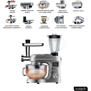 SM50 Gümüş LED Ekranlı Hamur Mayalama Kıyma Çekme Blender 2000W 6,5 Litre Stand Mikser Mutfak Şefi Hamur Yoğurma Makinesi