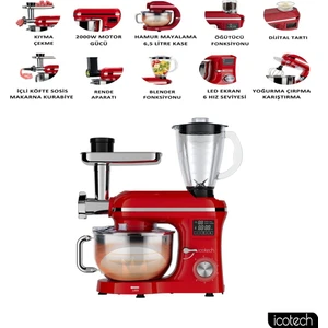 SM50 Kırmızı LED Ekranlı Hamur Mayalama Kıyma Çekme Blender 2000W 6,5 Litre Stand Mikser Mutfak Şefi Hamur Yoğurma Makinesi