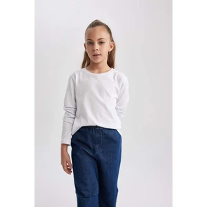 Kız Çocuk Beyaz Regular Fit Düz Kesim Bisiklet Yaka Basic Düz %100 Pamuk Uzun Kollu Tişört B7785A8NS