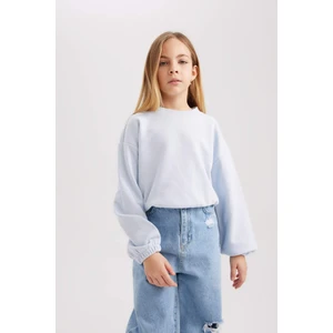 Kız Çocuk Mavi Regular Fit Düz Kesim Bisiklet Yaka Basic Düz Pamuklu Sweatshirt B7788A8NS