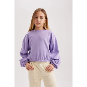 Kız Çocuk Mor Regular Fit Düz Kesim Bisiklet Yaka Basic Düz Pamuklu Sweatshirt B7788A8NS