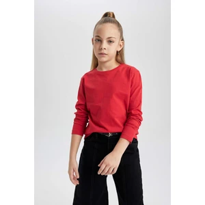 Kız Çocuk Kırmızı Regular Fit Düz Kesim Bisiklet Yaka Basic Düz %100 Pamuk Uzun Kollu Tişört B7785A8NS