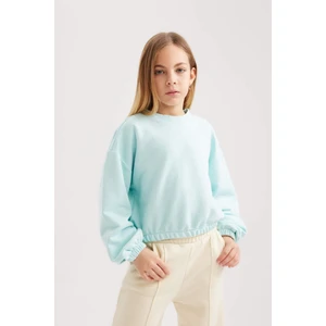 Kız Çocuk Turkuaz Regular Fit Düz Kesim Bisiklet Yaka Basic Düz Pamuklu Sweatshirt B7788A8NS