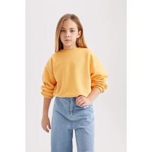 Kız Çocuk Turuncu Regular Fit Düz Kesim Bisiklet Yaka Basic Düz Pamuklu Sweatshirt B7788A8NS