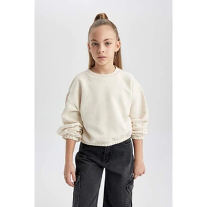 Kız Çocuk Ekru Regular Fit Düz Kesim Bisiklet Yaka Basic Düz Pamuklu Sweatshirt B7788A8NS