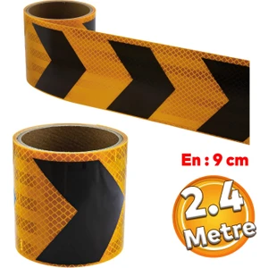 Yapışkanlı Sarı Siyah Işaretli Yönlendirme Reflektörlü Reflektif Şerit Bant 9 cm Ikaz Bandı 2.4 mt