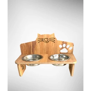 Kedi ve Köpek Ahşap Ikili Mama ve Su Kabı Metal