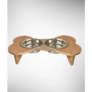 Ahşap Kemik Şeklinde Kedi ve Köpek Ikili Mama ve Su Kabı Metal Kaplı