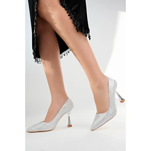 BA04557 Gümüş Kadın Simli Sitiletto Kaplama Topuklu Ayakkabı