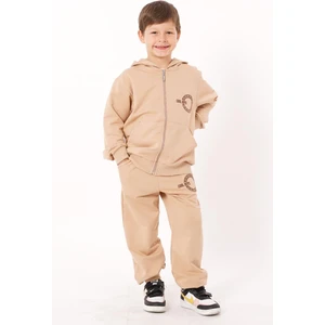Yazı Baskılı Kapüşonlu Vizon Renk Erkek Çocuk  Fermuarlı  Eşofman Takım