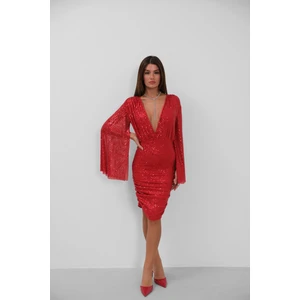 Yarasa Kol Kruvaze Sırt Dekolteli Pullu Kırmızı Elbise