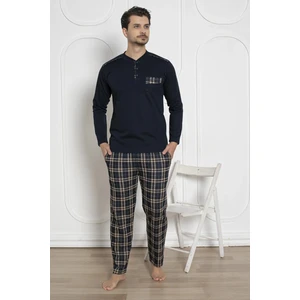 Erkek Ekose Desen Likralı Pamuk Uzun Kol Kışlık Interlok Göğüs Cepli Pijama Takımı