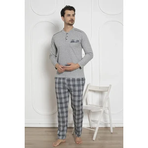 Erkek Ekose Desen Likralı Pamuk Uzun Kol Kışlık Interlok Göğüs Cepli Pijama Takımı