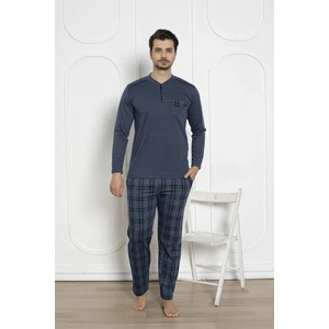 Erkek Ekose Desen Likralı Pamuk Uzun Kol Kışlık Interlok Göğüs Cepli Pijama Takımı