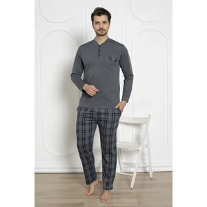 Erkek Ekose Desen Likralı Pamuk Uzun Kol Kışlık Interlok Göğüs Cepli Pijama Takımı