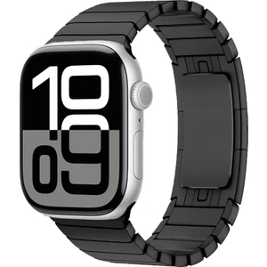 Apple Watch 10 46MM Kordon Yandan Çıtçıtlı Metal Parçalı Çizgi Dizayn KRD35 Siyah