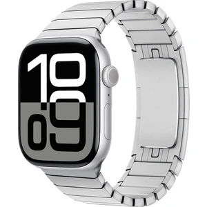 Apple Watch 10 46MM Kordon Yandan Çıtçıtlı Metal Parçalı Çizgi Dizayn KRD35 Gümüş