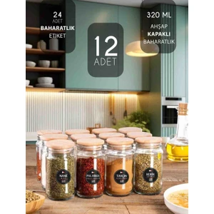 Büyülü Home 12 Adet  Ahşap Kapaklı Etiketli 320 ml Cam Baharatlık