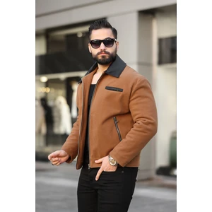 Erkek Yakası Deri Kışlık Kaşe Mont