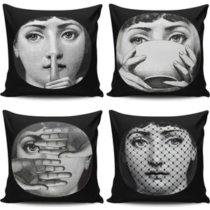 Kırlent Dünyası  4 Lü Kombinli Fornasetti Figürlü Dijital Baskılı Kırlent Kılıfı