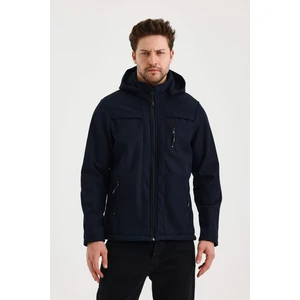 Lacivert Erkek %100 Su Geçirmez Içi Polarlı Iç Çepli Çıkartılabilir Kapüşonlu Softshell Mont&kaban