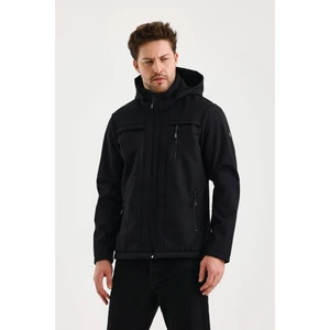 Siyah Erkek %100 Su Geçirmez Içi Polarlı Iç Çepli Çıkartılabilir Kapüşonlu Softshell Mont&kaban