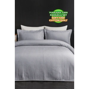 Evlen Home Collection Judy Pamuklu Yatak Örtüsü ( Pike ) Takımı Çift Kişilik Çizgili Günlük Sade Düz Gri