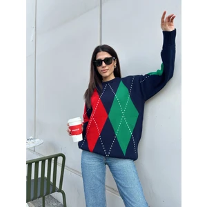 Kadın Bisiklet Yaka Siyah Baklava Desenli Kazak - Açık Gri, Antrasit Ikiz Beyaz Şeritli