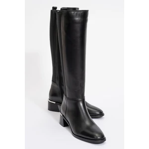 Rochos Siyah Cilt Streç Detaylı  Deri Kadın Çizme