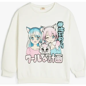 Anime Baskılı Bisiklet Yaka Pamuklu Uzun Kollu Sweatshirt